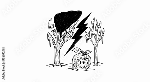 Spooky apple and melting trees under a lightning strike