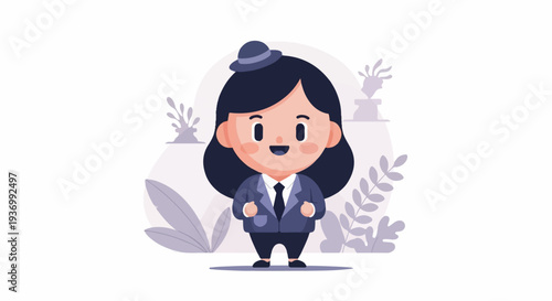 A cartoon woman in a suit and hat stands with plants in the background