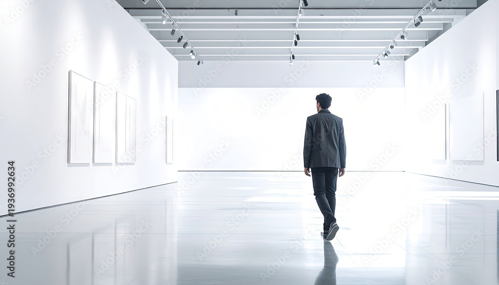 Fototapeta premium Man Walking Through Modern Art Gallery Exhibition Hall.