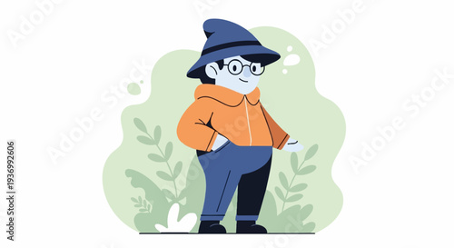A cute cartoon character in a blue pointy hat, round glasses, orange jacket, and blue pants, standing amidst foliage