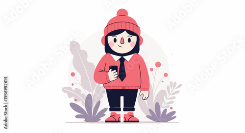 A person wearing a pink knitted hat and sweater, black pants, and red boots, holding a phone