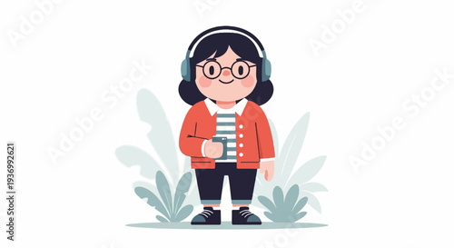 A cartoon character with headphones and glasses holds a phone, surrounded by plants