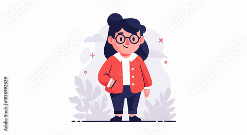 Chubby cartoon person with round glasses and a red jacket stands against a backdrop of stylized plants
