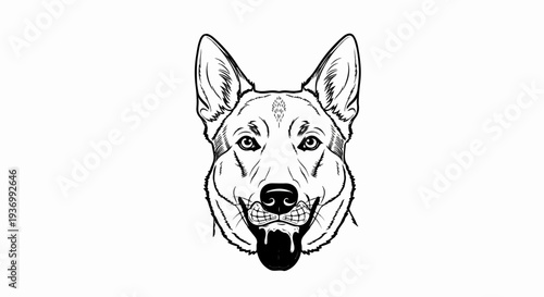 Detailed black and white illustration of a German Shepherd's face with mouth open and tongue out