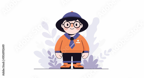Cheerful cartoon character in orange shirt, blue hat and tie, black pants, boots, and glasses