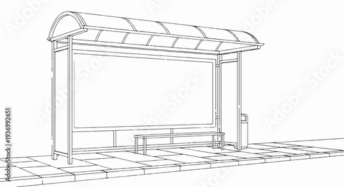 Detailed sketch of a bus stop shelter with a bench and billboard