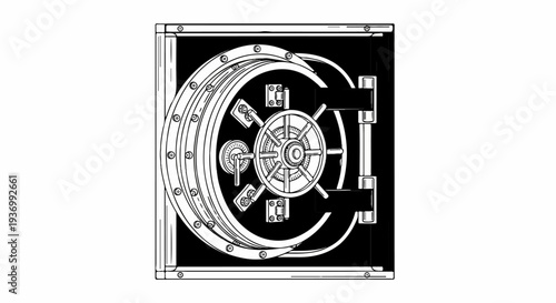 Detailed illustration of a secure vault door with a spinning combination lock and handle