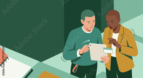 Two professionals collaborating on a tablet in modern office setting  