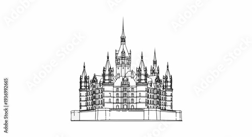 Detailed line drawing of a grand, multi-turreted castle facade