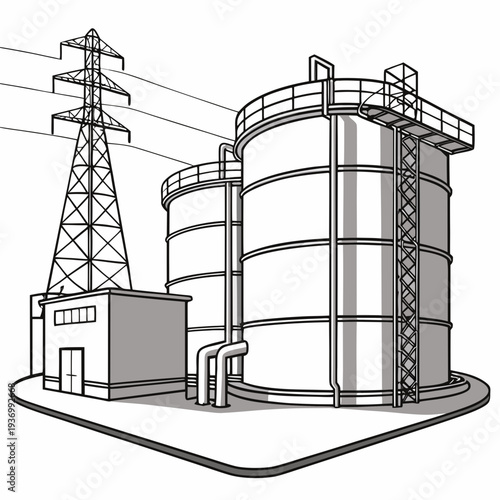 Large industrial energy facility with power transmission tower and storage tanks