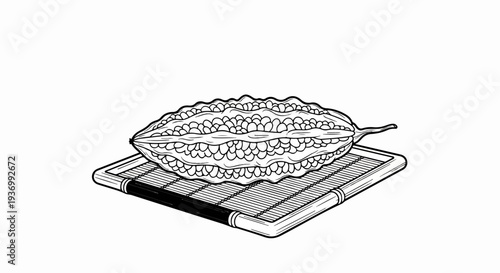 A stark black and white line drawing of a ribbed, oblong vegetable on a woven mat