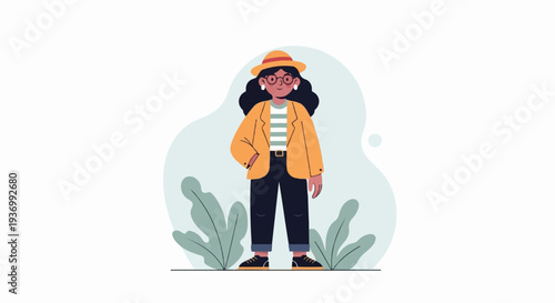 Modernly dressed individual in a hat and jacket, surrounded by abstract shapes and foliage