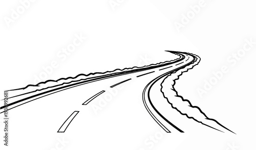 A stark black and white sketch of a winding road disappearing into the distance