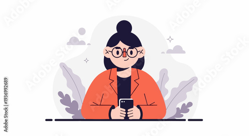 Person in orange blazer holding smartphone, with plants and clouds in background