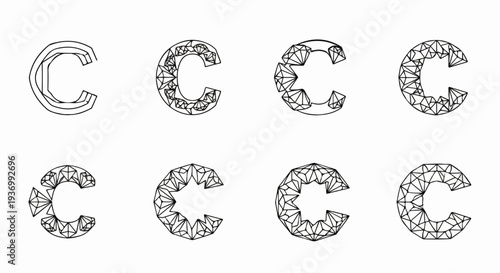 Eight variations of the letter C rendered in abstract, geometric, and polygonal styles