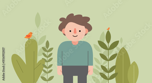A simple illustration of a person with brown hair stands surrounded by lush green foliage and small birds