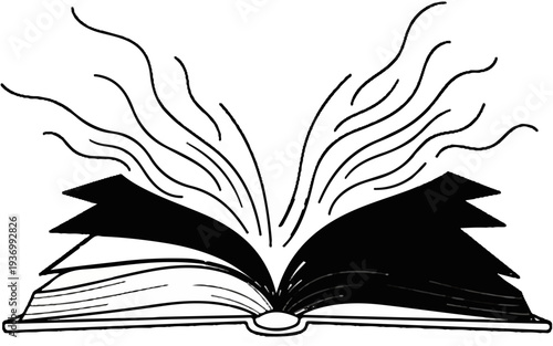 Open book with stylized pages and flowing lines emanating upwards