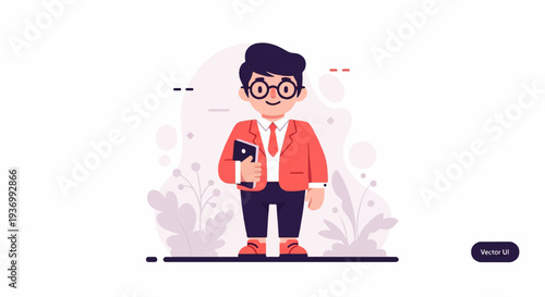 A cartoon man in a red suit and tie, glasses, holding a tablet