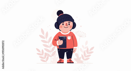 Cheerful character with headphones holds a phone amidst gentle flora