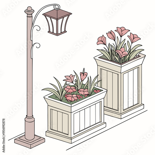 Pink flowers in square planters with a lamp post green leaves