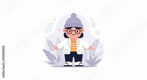A cartoon person wearing a beanie, glasses, and a lab coat with striped shirt