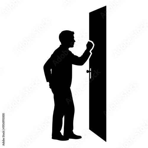 A black silhouette of a person, likely a man, standing and knocking on a closed door with his fist.