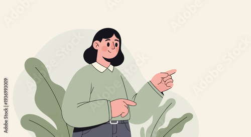 Woman with black hair in a green sweater and grey pants pointing with both index fingers