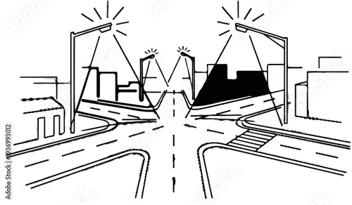 Street intersection with lampposts casting shadows onto buildings and roads