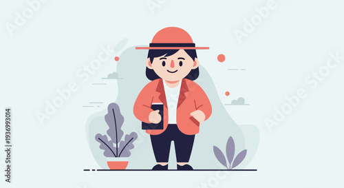 A person in a hat and jacket holds a book, standing amidst abstract shapes and plants