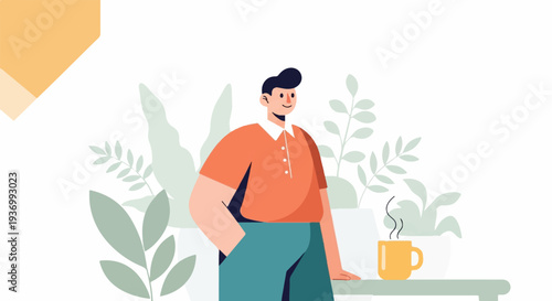 A man in an orange shirt stands near plants and a cup of coffee