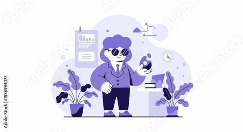 Stylized businessperson in sunglasses holds an abstract shape in a purple and blue office