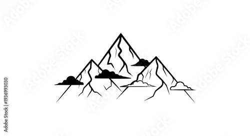 Stylized black and white mountain peaks with scattered clouds