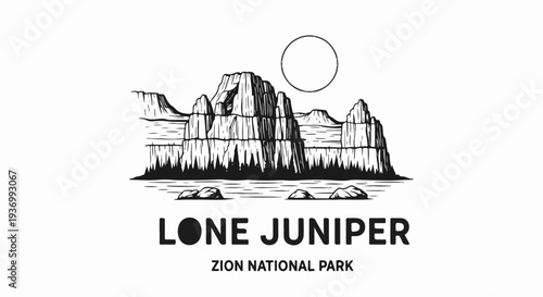 Stylized ink drawing of majestic layered rock formations under a circle