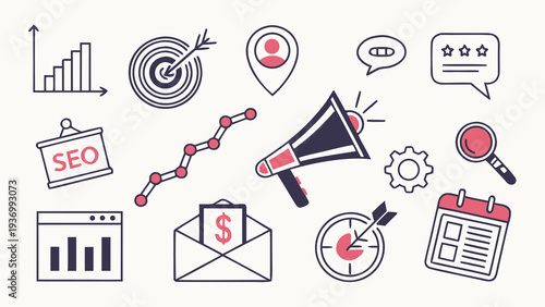  Marketing Analytics Icon Collection ,Performance Metrics and Campaign Symbols for Business.