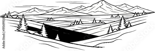 Stylized line art of rolling hills, mountains, and trees