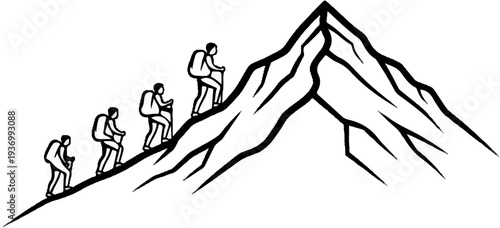 Stylized illustration of hikers ascending a steep mountain peak