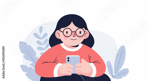 A girl with glasses and dark hair smiles, holding a phone, with plants behind her