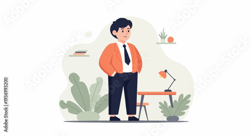 A smiling person in an orange jacket and tie stands in a room with plants and a desk