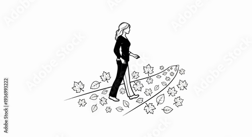 Woman walking on path with falling autumn leaves