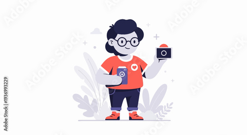 A cartoon person with glasses holds two cameras, one in each hand