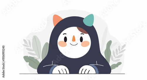 Cute cartoon character wearing a dark hooded outfit with ears, peeking over a surface