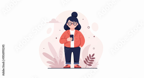 A stylized person in a coral jacket holds a smartphone, set against a soft pink abstract background