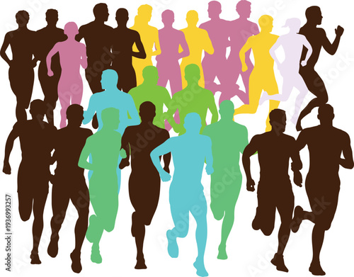 A diverse group of people depicted as colorful silhouettes jogging and running together in a race