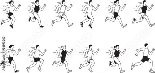 A diverse group of men and women are depicted running in simple black and white outline illustrations