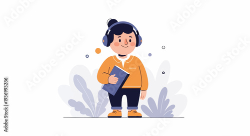 A cute character with headphones and a book stands amidst abstract foliage and circles