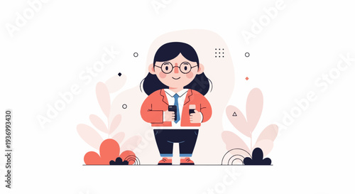 A cartoon character in formal attire holds two phones, surrounded by abstract plant-like shapes