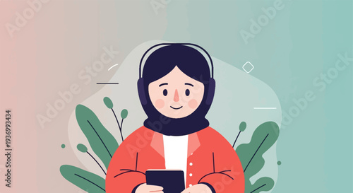 Young person in hijab wearing headphones and holding a phone, surrounded by abstract plant shapes