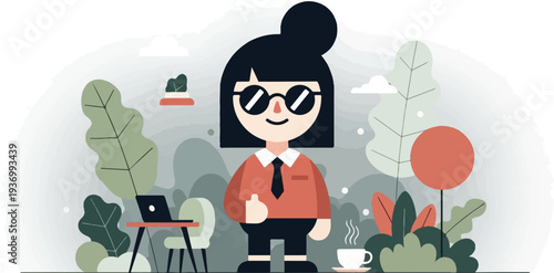 Stylized character with sunglasses at a desk with a laptop and coffee outdoors