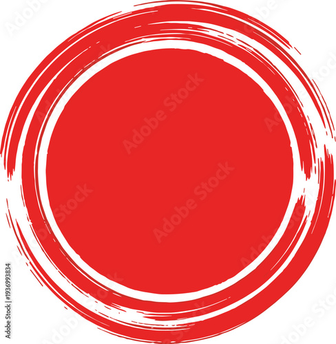 Red ink brush stroke circle, Japanese sun ensō style, round grunge frame, scarlet paint splash, abstract vector design, isolated