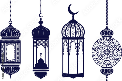 Four dark blue traditional Islamic lanterns with intricate patterns hang on a white background